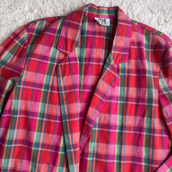 Vintage 90s rainbow plaid single breasted blazer oversized longline colorful M - Picture 6 of 17